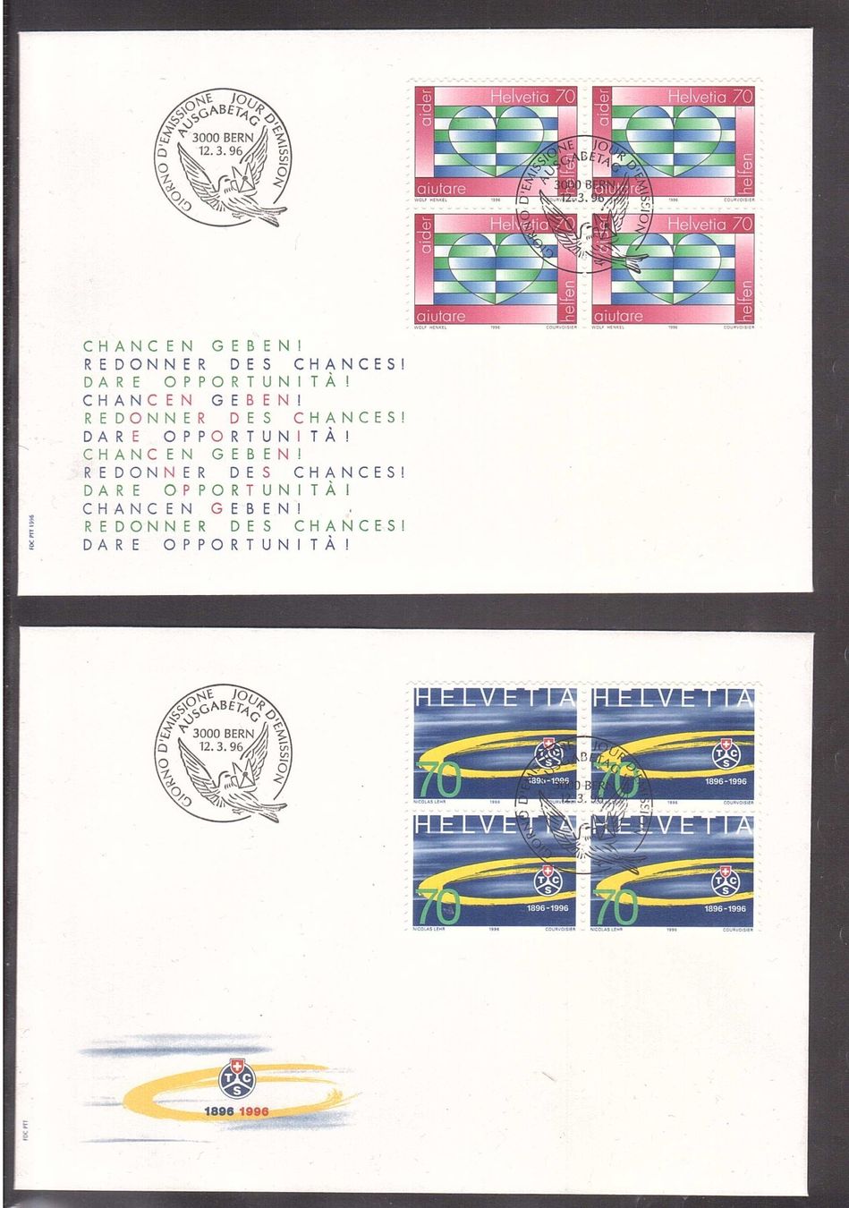 Tous les timbres: 2 FDC 1996 4er  TCS + Chancen geben – D'occasion à Rheinau par loxis