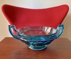 Vintage/antike Türkis-Blaue Glas Schale mit Griffen (Pokal)