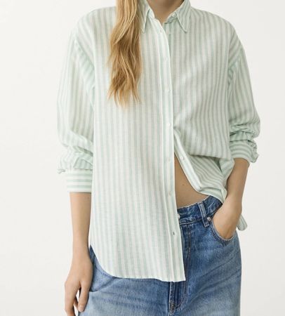 Stradivarius weiche Baumwolle Bluse Grün/Weiss Versand 9.-