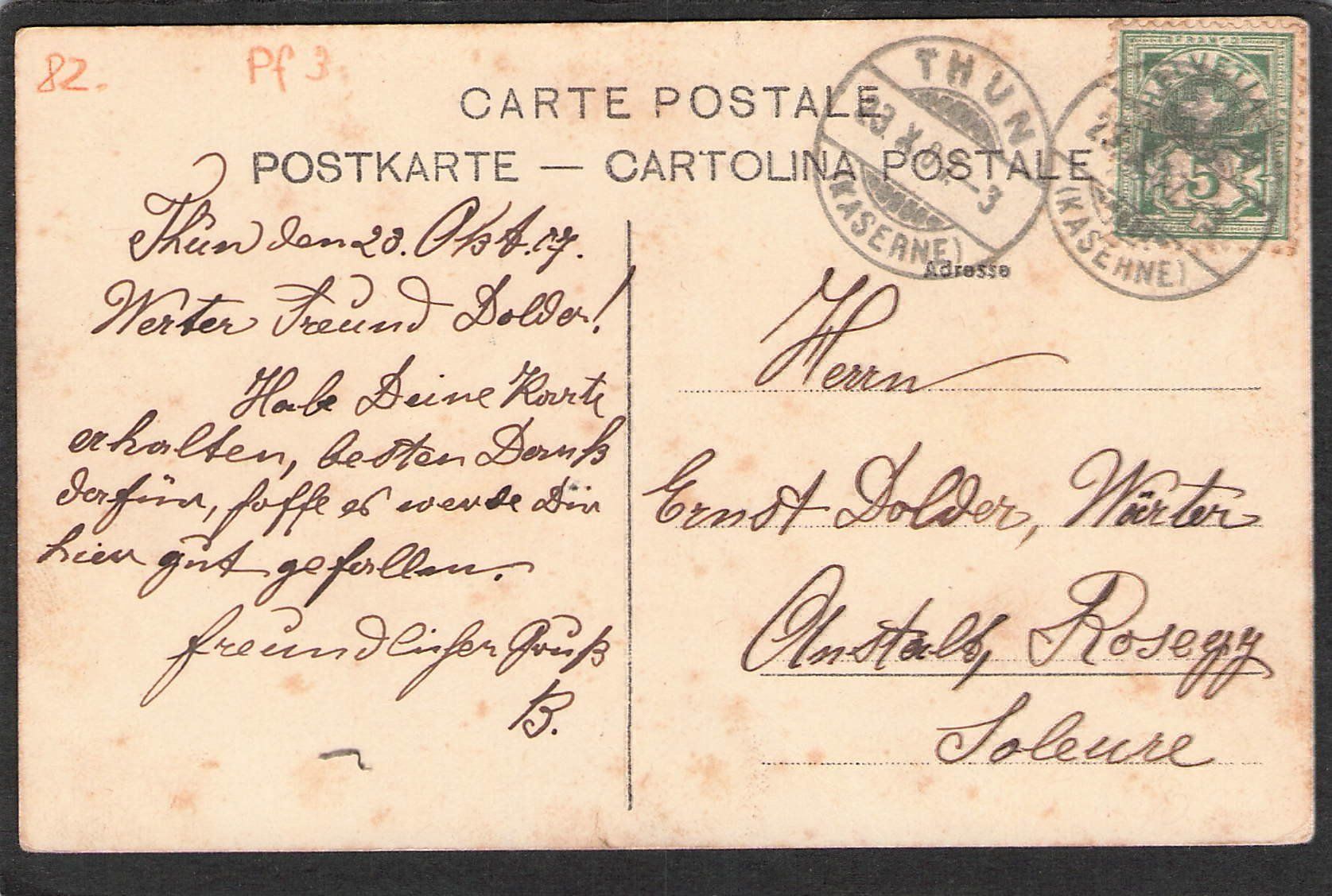 Cartoline postali: Thun , Die Kasernen , 1907 – Usato da Reichenburg venduto da ibiza18 1