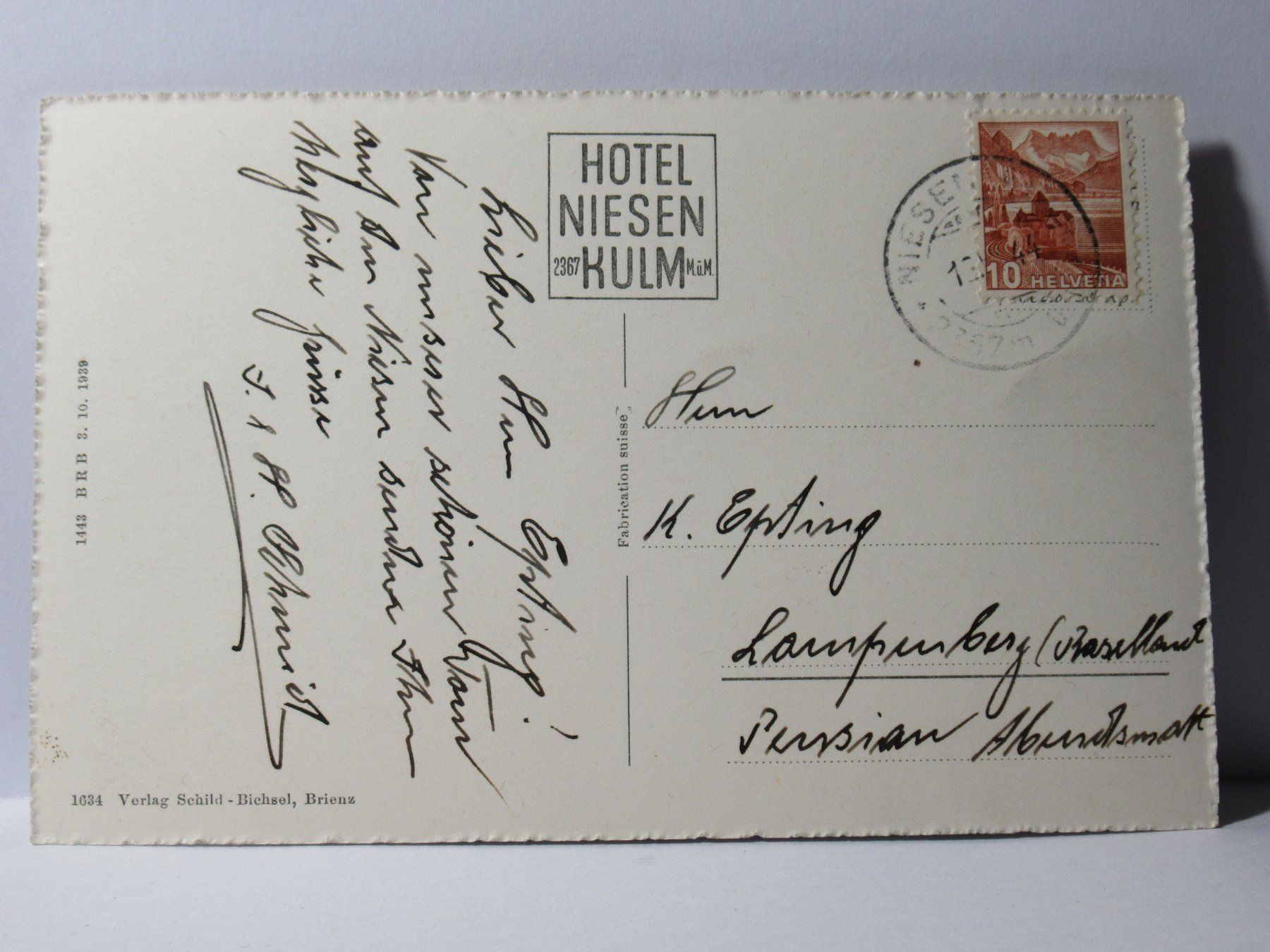Cartoline postali: Niesen - Bahn , Eiger , Mönch und Jungfrau  1944 – Usato da Grenchen venduto da Bluemchen1900 1