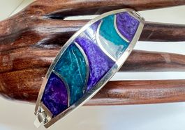 Vintage Armreif Alpaca Mexico Emaille-Inlay violet-türkis