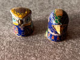 dé à coudre cloisonné hibou et oiseau