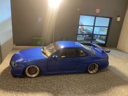 Nissan Skyline GT-R R34 Modellauto blau 1:18 Zustand gut