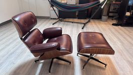Lounge Sessel mit Ottoman Leder dunkelrot gebraucht
