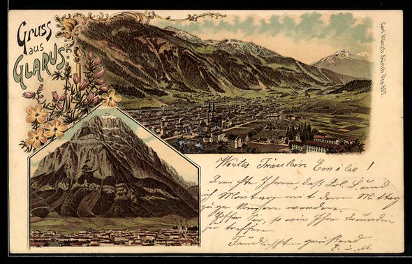 Cartoline postali: Litho Glarus, Gesamtansicht aus der Voge – Usato da Berlin venduto da bartko-reher
