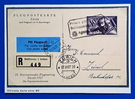 Bellinzona-Zürich 22.VIII.1927 Offiz. R-Karte "Zürich" o.WE