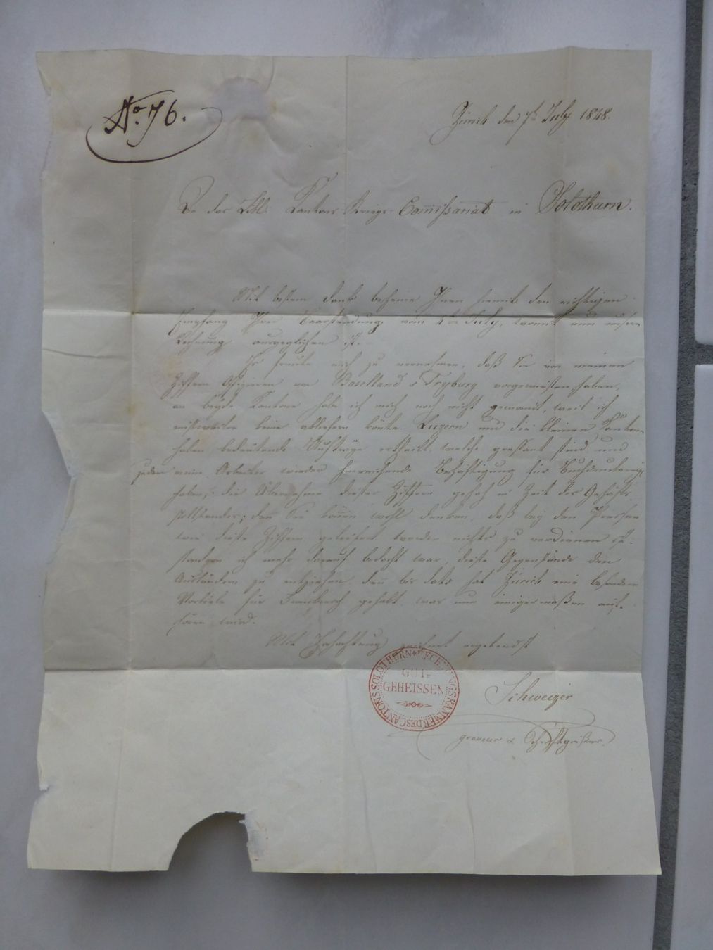 Dokumente: Zürich nach Solothurn 7.Juli 1848 – Gebraucht aus Bettlach von 1saurer 1