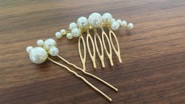 Brautschmuck Set Perlen goldfarben Haarkamm Haarnadel neu