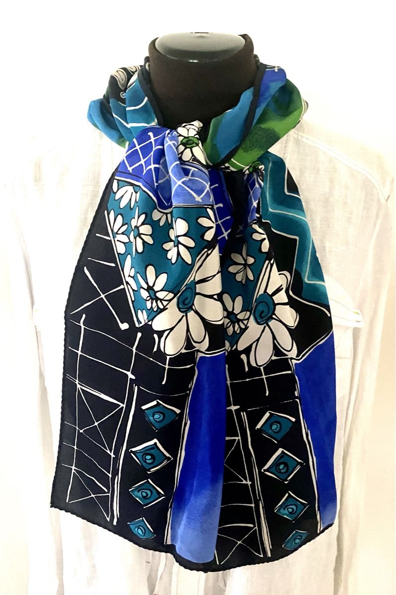 Foulards & écharpes: Künstlerischer Seidenschal Patchwork Blumen Blau 27x145cm – D'occasion à Jona par Flamingoo 2