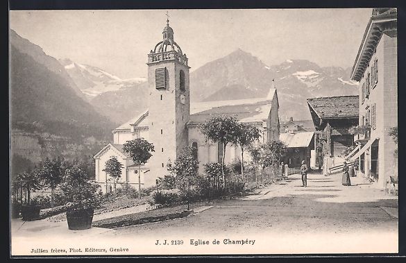 Cartoline postali: Champery, Strassenpartie mit Kirche Egli – Usato da Berlin venduto da bartko-reher