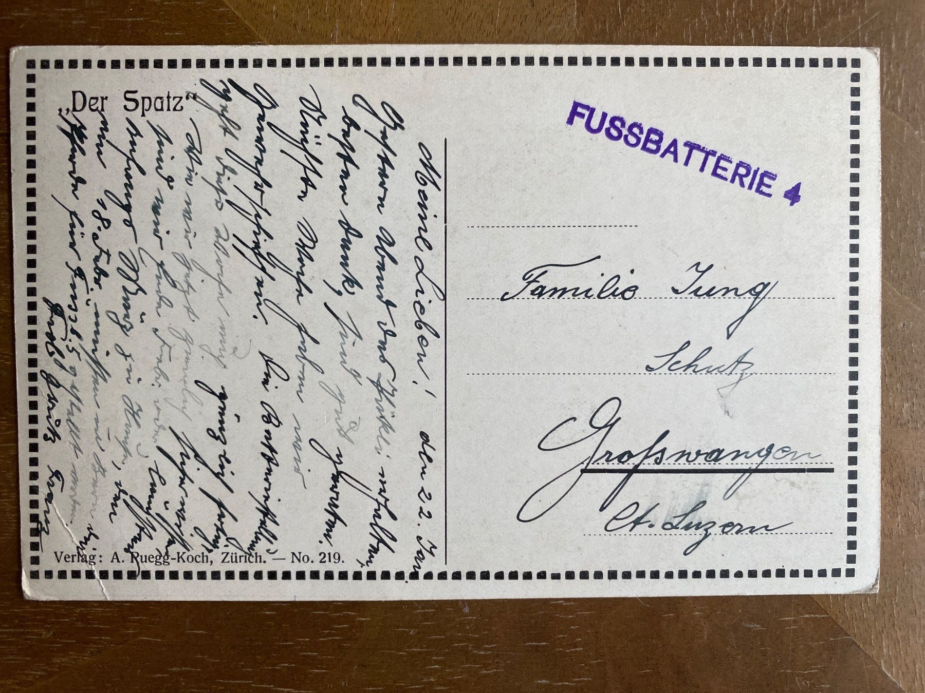 Ansichtskarten: Der Spatz - Feldpost der Fussbatterie 4 ca. 1920 – Gebraucht aus Engelberg von Delraich 1