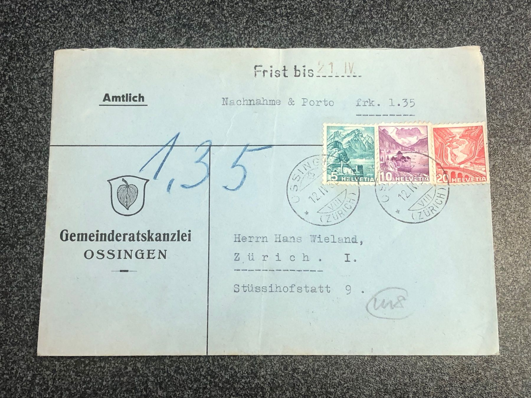 Tutti i francobolli: Brief 1938 Gemeindekanzlei Ossingen – Usato da Lufingen venduto da philatelieshop