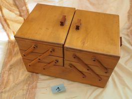 Boîte à couture bois pliante ancienne 3 étages