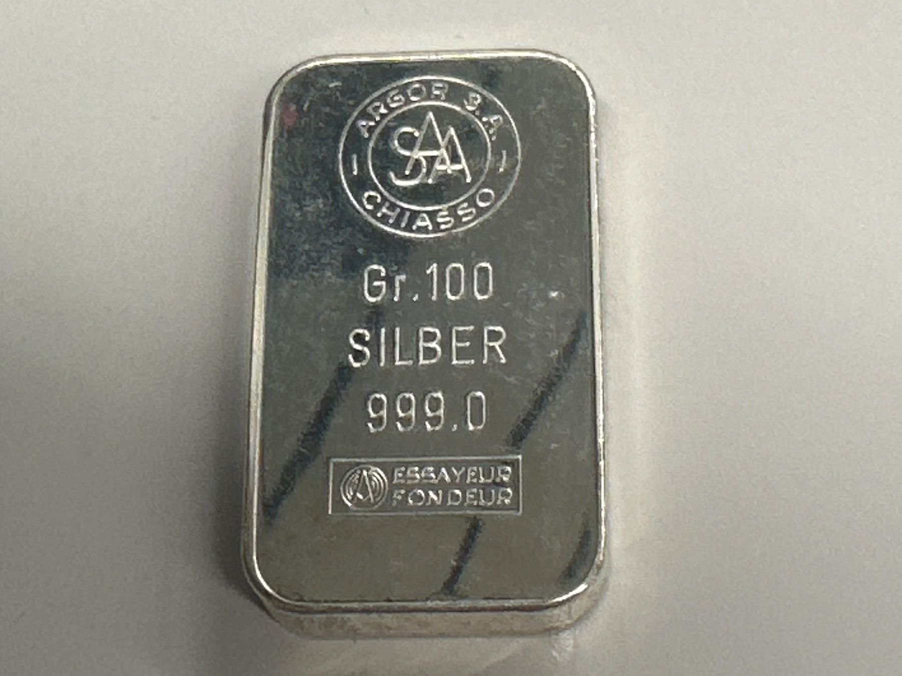 Edelmetalle: 100g Silberbarren ARGOR S.A. – Gebraucht aus Herisau von herau