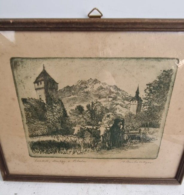 Foto & Immagini: Bild mit Ochsengespann vor einer Burg oder Stadtmauer – Usato da Flums venduto da Flumsantik