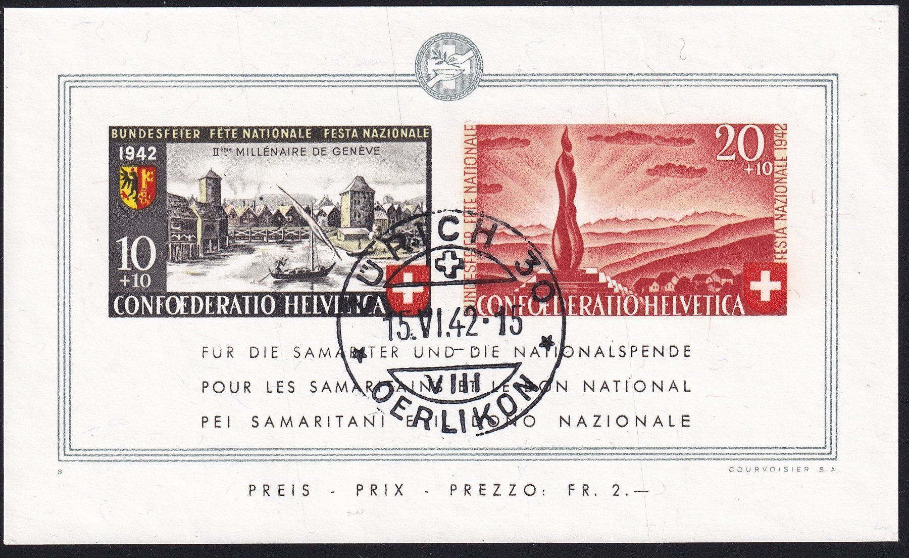 Tutti i francobolli: Pro Patria 1942 Bundesfeierblock ET, mit Abarten – Usato da Endingen venduto da haifu