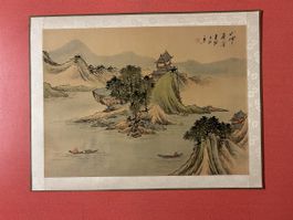 Antike Lithographie,Landschaft mit Booten, asiatisch,schön !