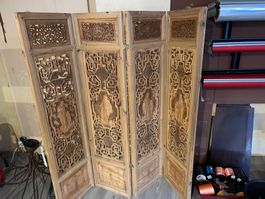 Paravent ancien sculpté à la main, 4 panneaux, bois