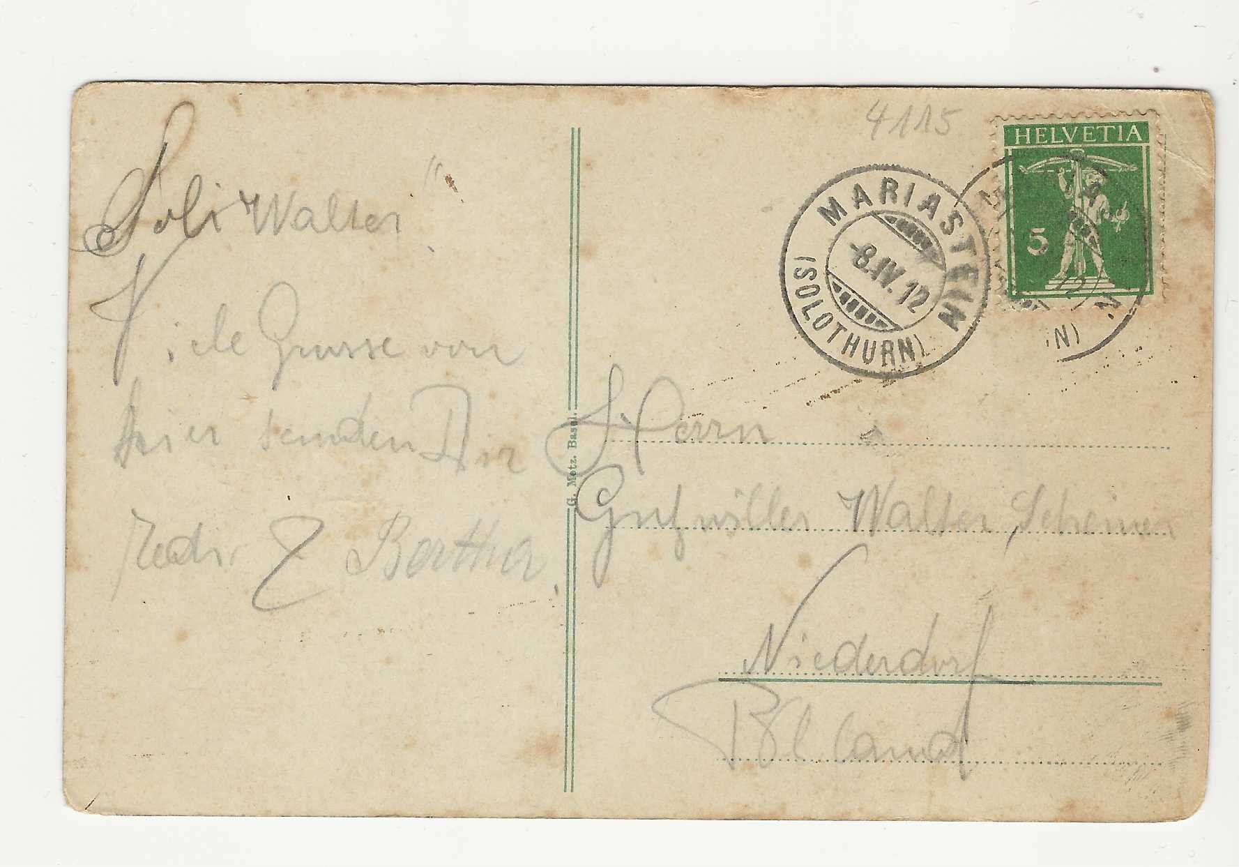 Cartoline postali: MARIASTEIN  /  SO     1912 – Usato da Küttigen venduto da rolypo 1