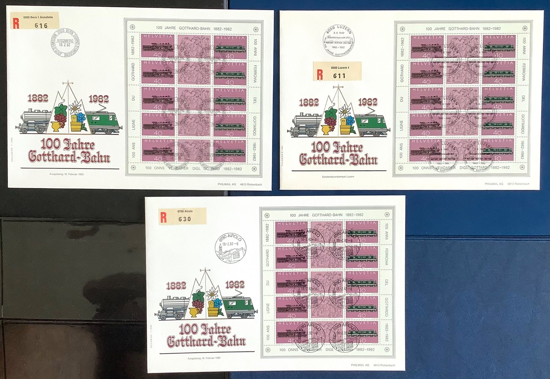 Tutti i francobolli: 1982 FDC 3 x Grossbriefe 100 Jahre Gotthard mit Div. STEMPEL – Nuovo (secondo la descrizione) da Liestal venduto da Pep3