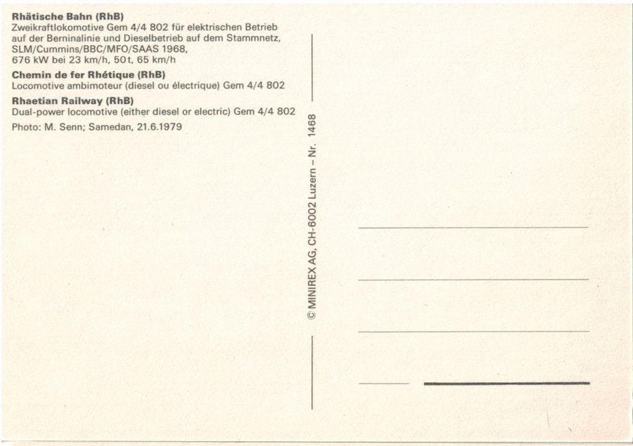 Cartoline postali: RhB Zweikraftlok Gem 4/4 802 – Usato da Frauenfeld venduto da POML 1