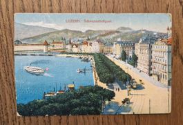 Luzern, Schweizerhofquai, Tram, Kutsche, Schiff 1916
