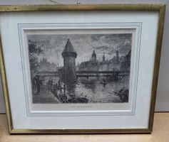 Luzern Kapellbrücke Stich G. Braunschweig gerahmt 30x23cm