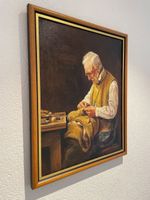 Antikes Gemälde mit Titel: „Der Dorfschneider“ Albert Anker)