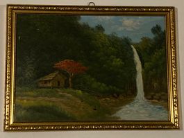 Landschaftsgemälde nicht signiert mit Wasserfall, Wiese Wald
