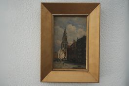 Ölgemälde, Stadtansicht mit Kirchturm