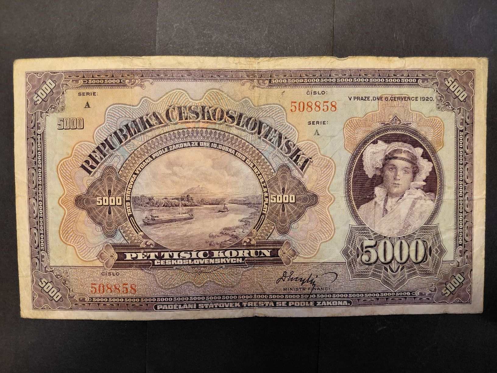 Banconote: Czechoslovakia 5.000 Korun 1920 no Specimen – Usato da Bern venduto da scottie3014