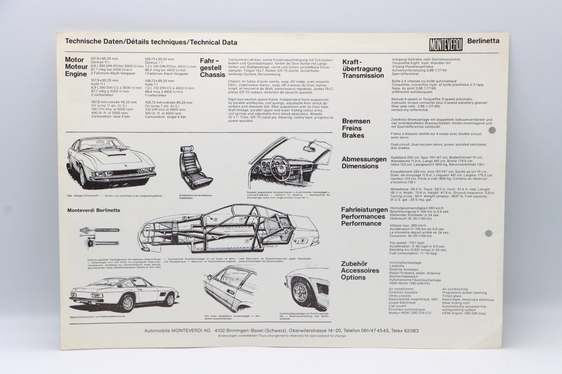 Documenti: Monteverdi Berlinetta 1972 Original Prospektblatt – Usato da Bühl b.Aarberg venduto da Collectorpassions 1