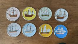 8 Vintage Untersetzer für Gläser, Pittjes Segelschiff-Serie