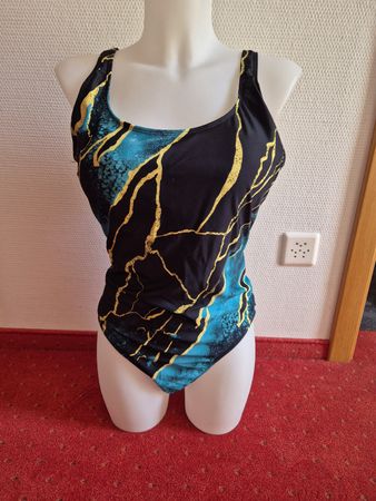 Badeanzug Damen Schwarz Tuerkis Gold Muster Groesse XXL neu