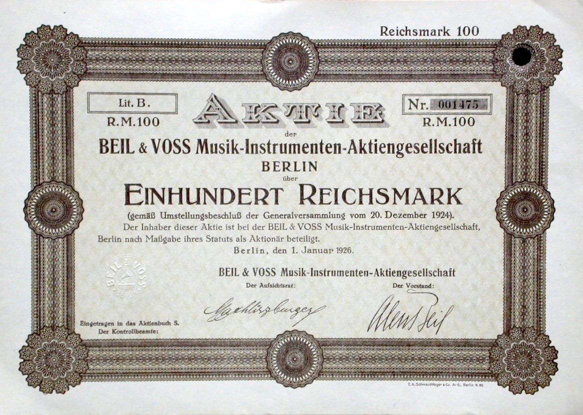 Documenti: Beil & Voss Musik-Instrumente-AG, Berlin - 1926 – Usato da Solothurn venduto da Sgasche