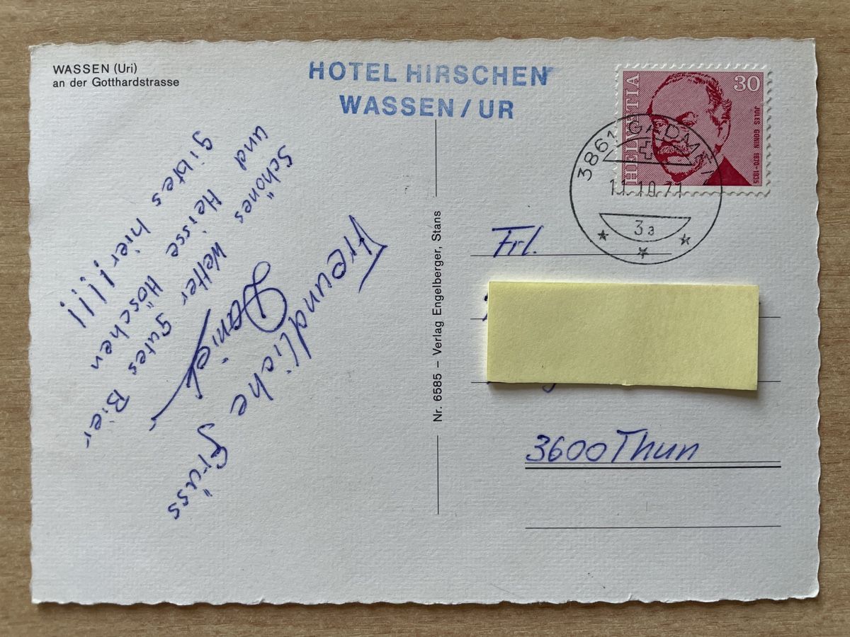 Cartoline postali: Alte Ansichtskarte Wassen UR, Post Hotel 1971 – Usato da Neuhausen am Rheinfall venduto da Arielle55 1
