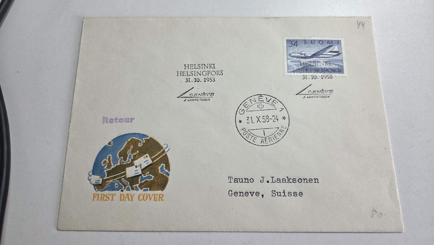 Alle Briefmarken: 1958 Erstflug Helsinki -Genf RF 58.12a – Gebraucht aus Arni AG von Moth68