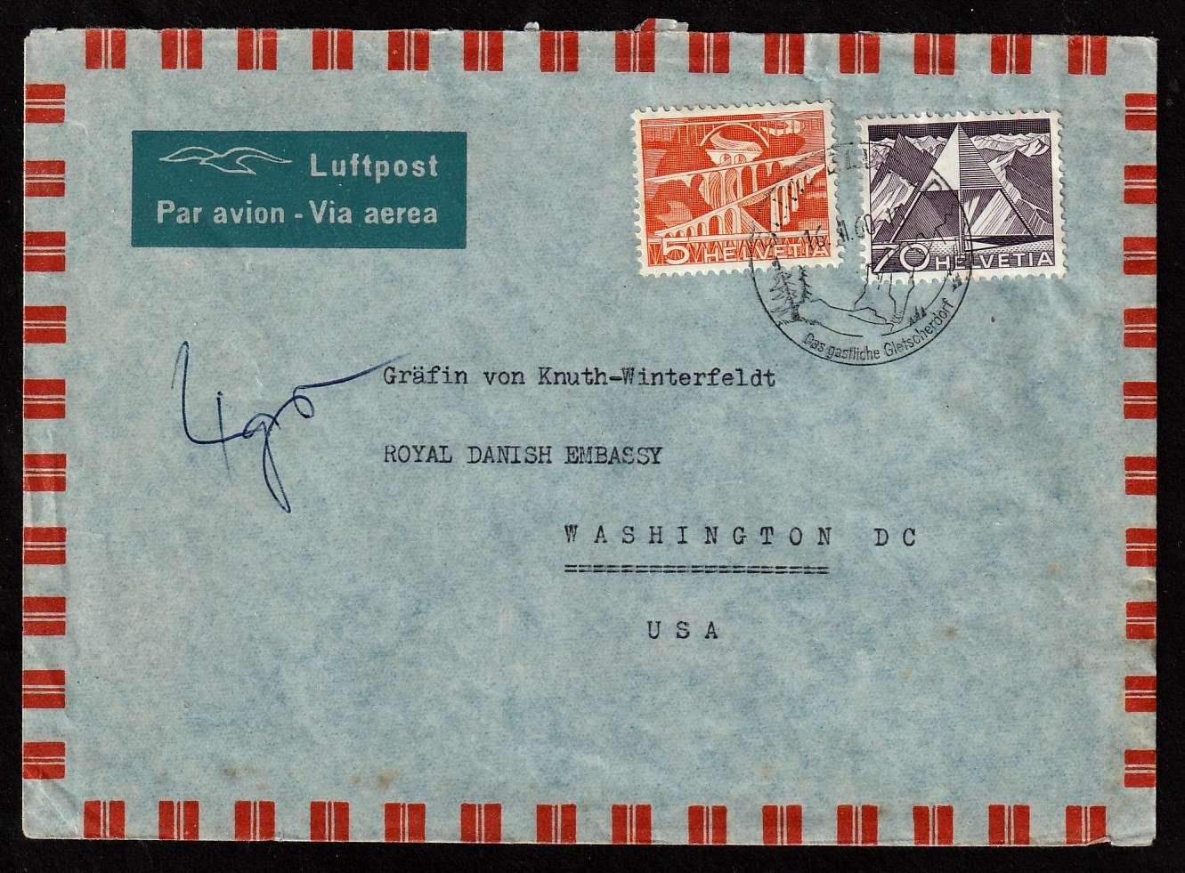 Tutti i francobolli: Flugpostbrief nach den USA. 75 Rp. – Usato da Jegenstorf venduto da Wintersport