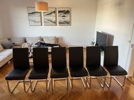 6 moderne Esszimmerstühle schwarz – Freischwinger mit Chromg