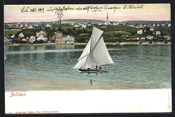 Cartoline postali: Zollikon, Segelboot auf dem See, Blick a – Usato da Berlin venduto da bartko-reher