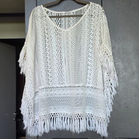 🐸 1 SIZE BOHO STRAND COVER UP PONCHO MIT FRANSEN