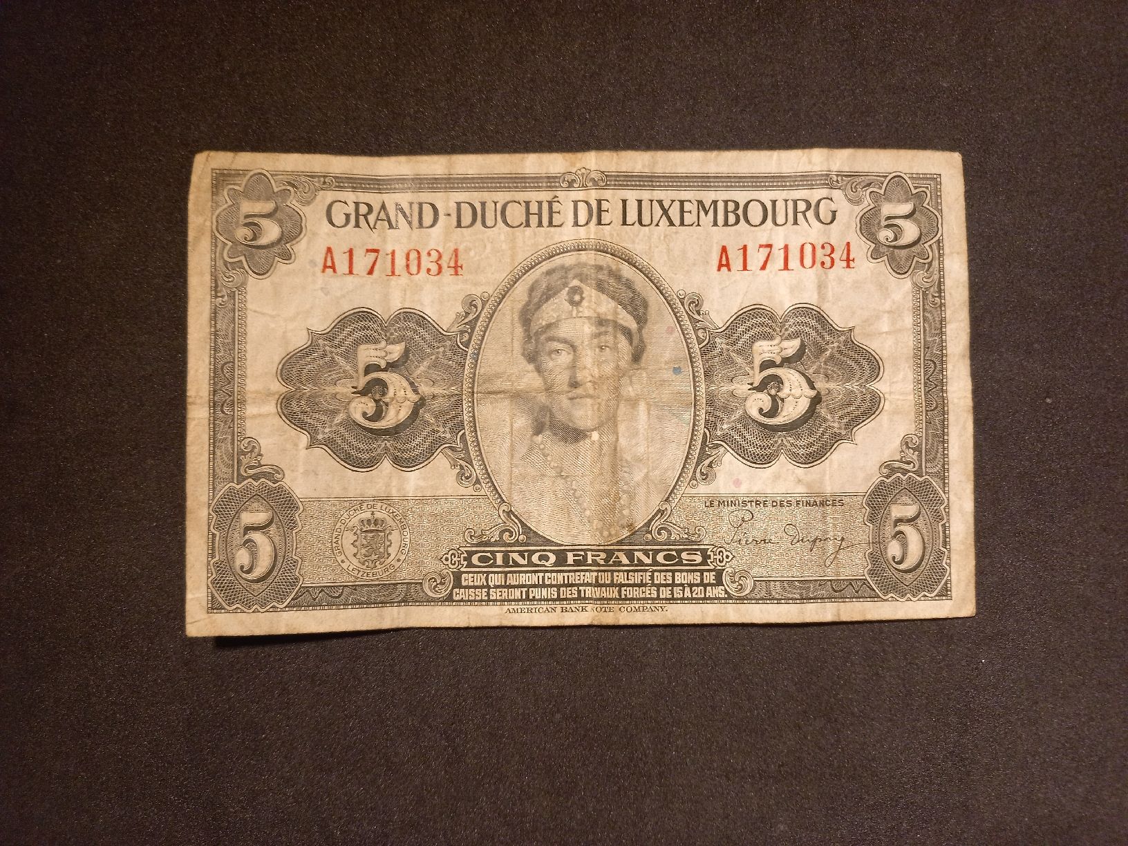Banknoten: 5 Franc Banknote - Luxemburg – Gebraucht aus Geroldswil von Antica01