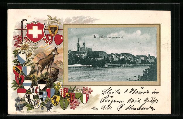 Cartoline postali: AK Basel, Rheinansicht, Kantonswappen – Usato da Berlin venduto da bartko-reher
