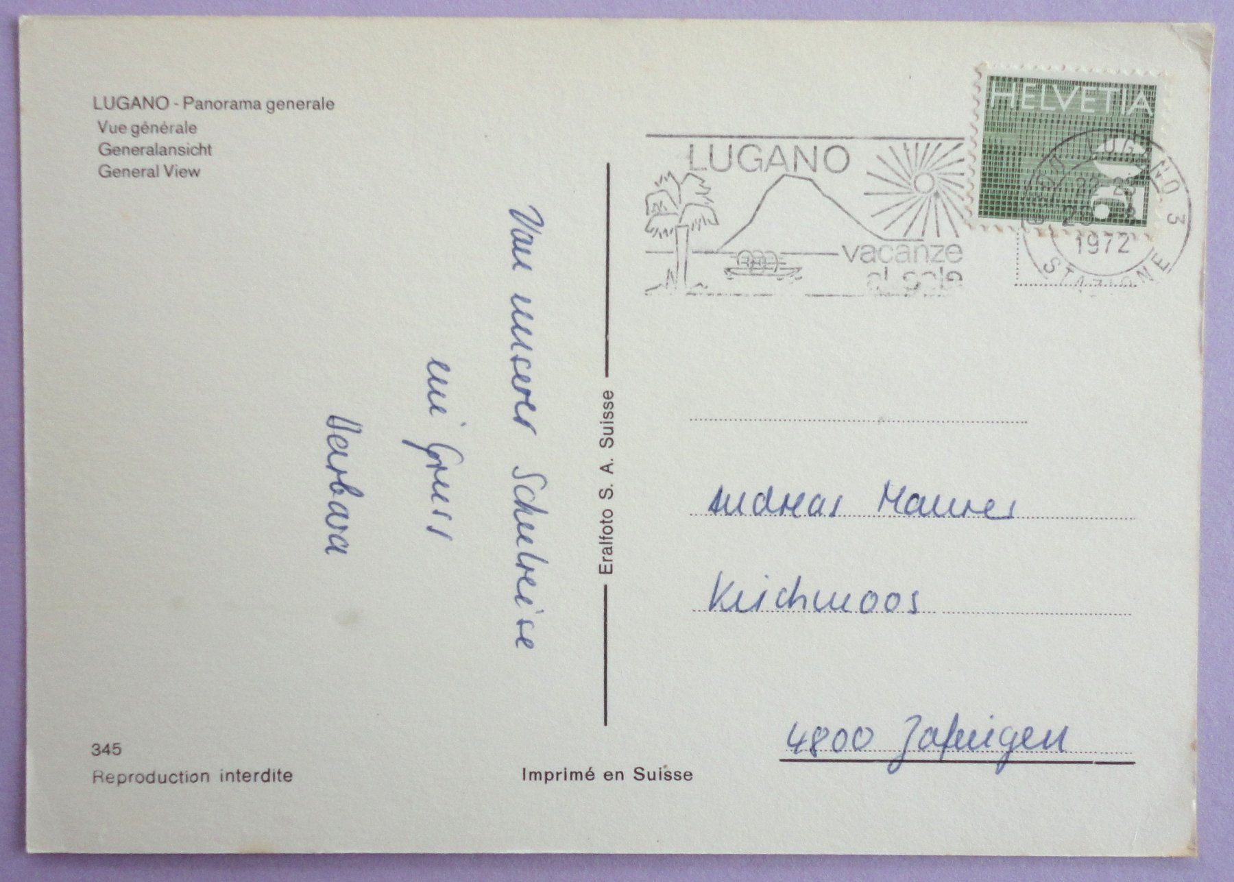 Cartoline postali: Lugano - Vue générale – Usato da Fétigny venduto da Billy2miny 1