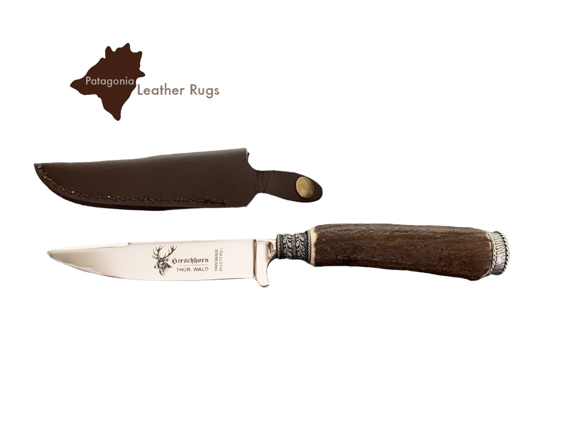 Accessori: Messer mit Griff aus echtem Hirschgeweih mit Lederscheide – Nuovo e nell'imballaggio originale da Arbedo venduto da patagonialeatherrugs 3