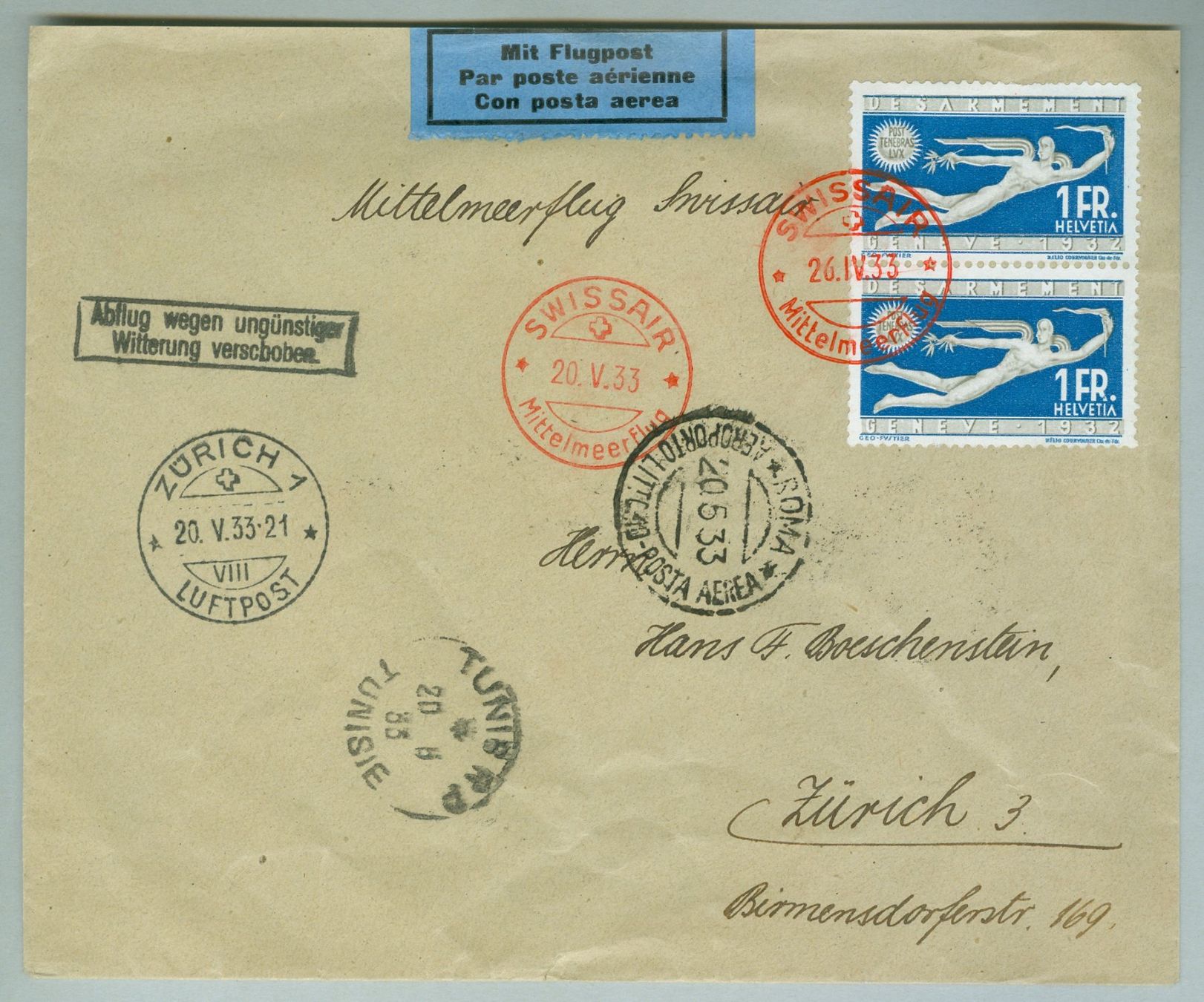 Tutti i francobolli: 1933 Schweiz Flugpost SF – Usato da Zürich venduto da yago-rot