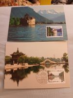 Cartes postales Chine-Suisse, timbres Helvetia, lot de 2!