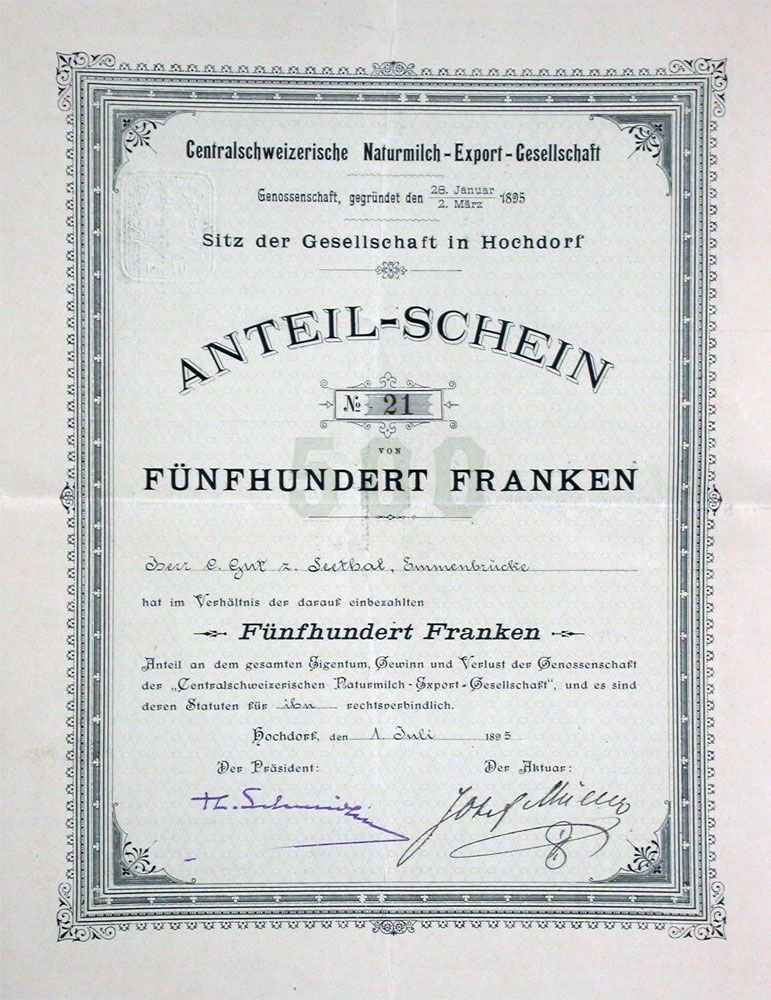 Dokumente: Centralschweizerische Naturmilch-Export-Gesellschaft - 1895 – Gebraucht aus Solothurn von Sgasche