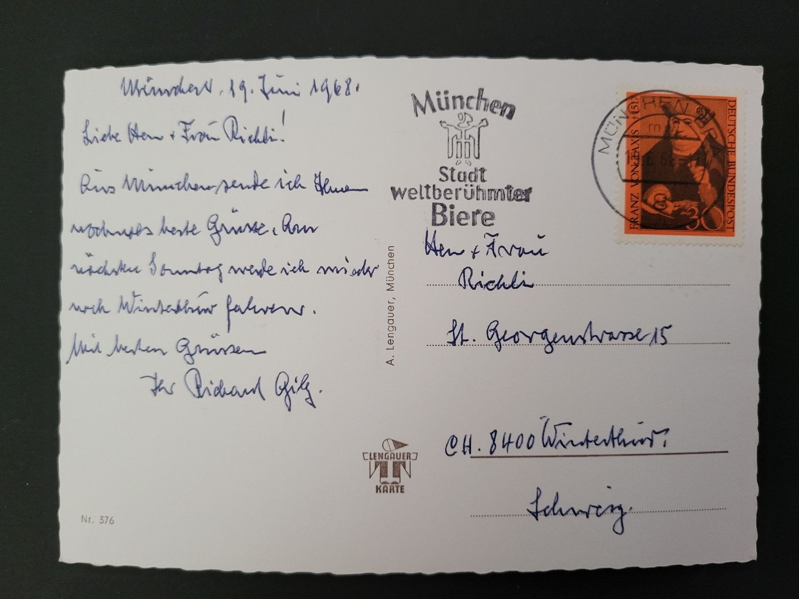 Tutti i francobolli: 1968, Postkarte von München nach Winterthur  – Usato da stäfa venduto da brandy66 1